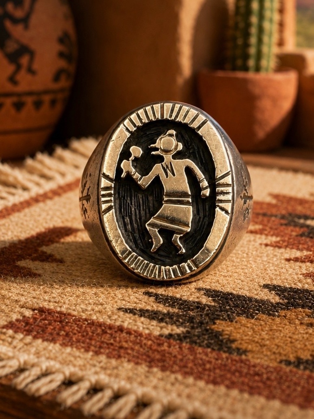 Signed Hopi Katsina Aya Kachina Solid 14K Gold Sterling Silver Mens Ring 10.25